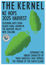 Load image into Gallery viewer, Advertisement for NZ Hops 2025 Harvest featuring green hops on a blue background.